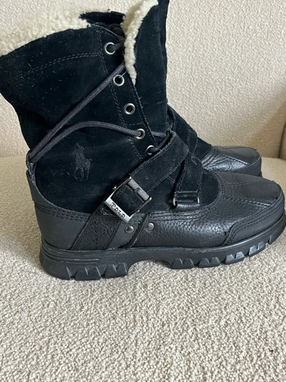 Polo Ralph Lauren Tavin Rollover Black Leather Suede Boots Men's  7 1/2 D